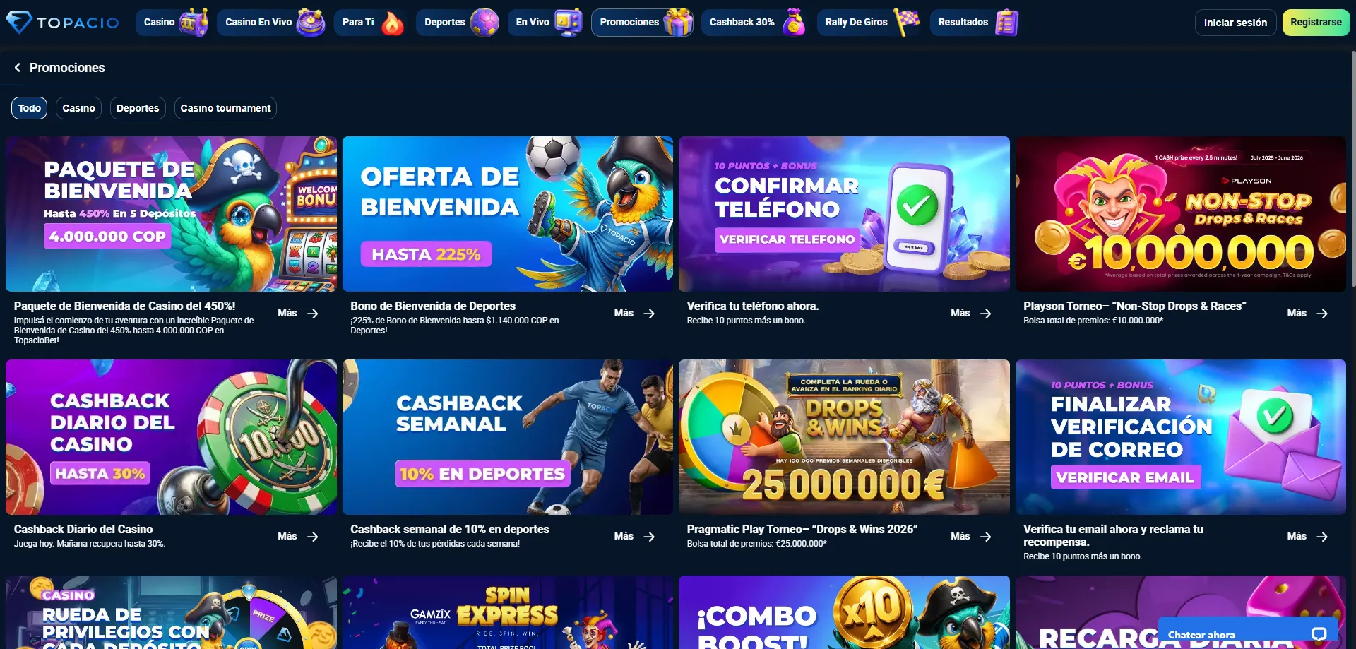 Topacio Casino bono de bienvenida 150000 ARS más 50 giros gratis